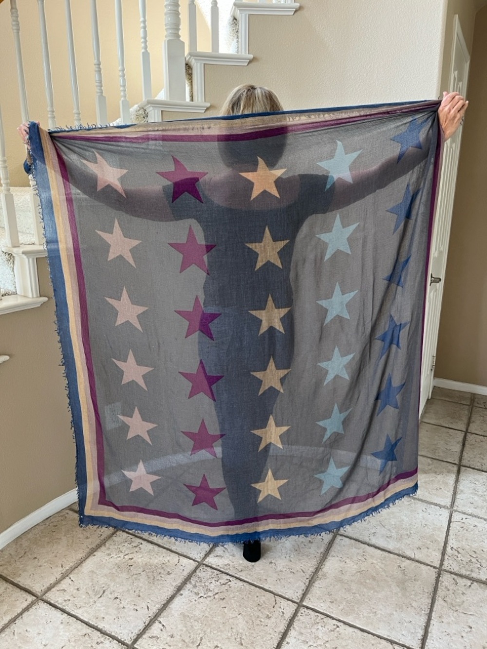 Zadig & Voltaire Gray Scarf with Purple Stars and Tan Accents
60”x60”